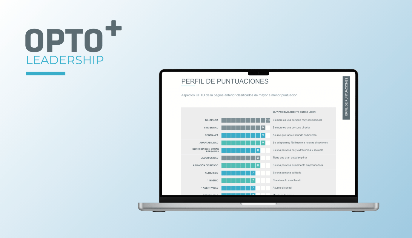 A laptop screen displays a leadership assessment score profile with various traits ranked numerically. The "OPTO+ LEADERSHIP" logo is positioned in the top left corner, and the background is a gradient blue.