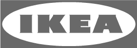 The IKEA logo displayed in grayscale, featuring its classic bold, uppercase font inside an oval. The design maintains IKEA’s signature branding style, even in monochrome.