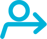 blue abstract icon of a person moving forward with an arrow, symbolizing career transition, outplacement, and professional progression.