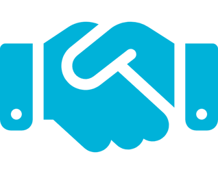 A simple, blue handshake icon representing partnership, agreement, or collaboration. The design is minimalistic and professional, symbolizing trust and successful business relationships.