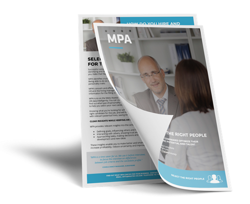 A printed MPA product brochure displaying HR solutions with a professional consultation image on the cover.